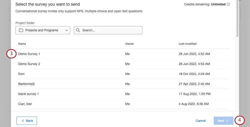 Selecting a project from the list