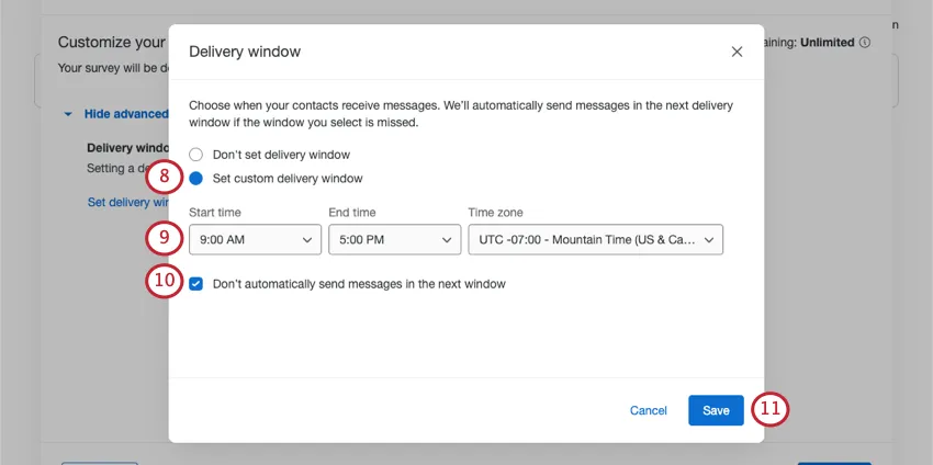New window where you configure delivery options