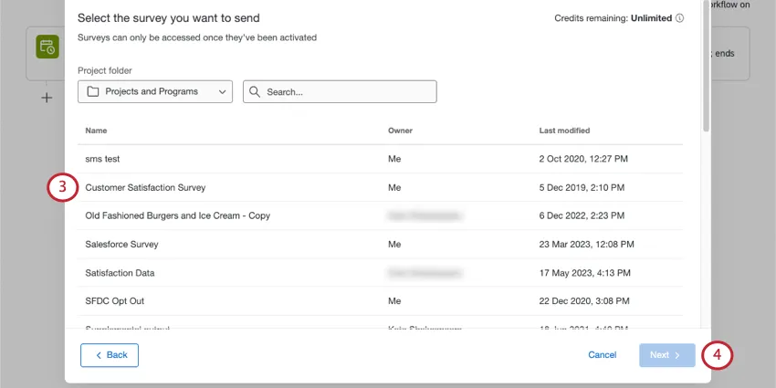 Window where you select a project