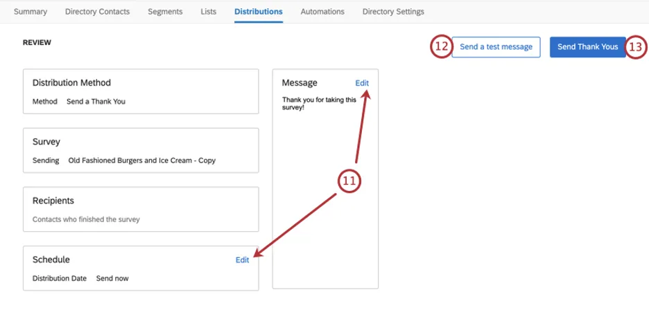 Table summarizing all the different settings of the distribution, with an edit button next to each. Upper-right where you can test or send
