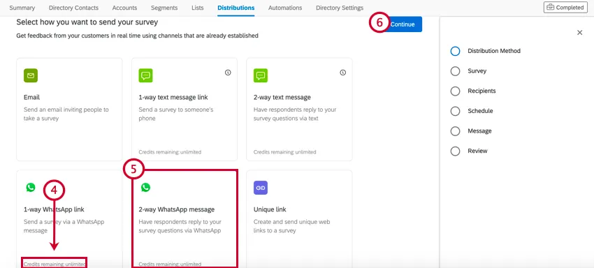 Registerkarte "Distributionen" im xm directory. Die Option "2 way whatsapp" ist ausgewählt.