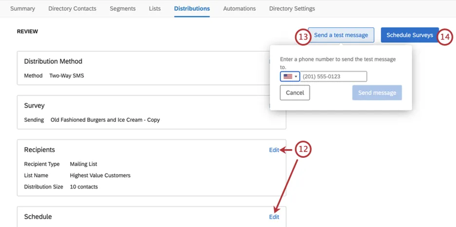 Tabela que resume todas as diferentes configurações da distribuição, com um botão de edição avançar de cada uma. No canto superior direito, onde você pode testar ou enviar