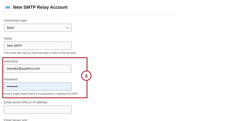 i campi username e password per lautenticazione smtp di base