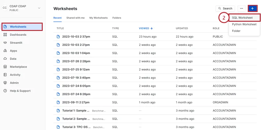creating a new SQL sheet in snowflake