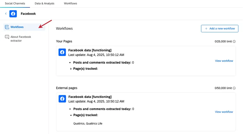 das Menü auf der linken Seite zeigt an, dass wir uns im Abschnitt "Workflows" dieser Details befinden, der eine Schaltfläche zum Erstellen von Workflows, Zusammenfassungen von Workflows und die Möglichkeit, direkt zu bestimmten Workflows zu gehen, enthält