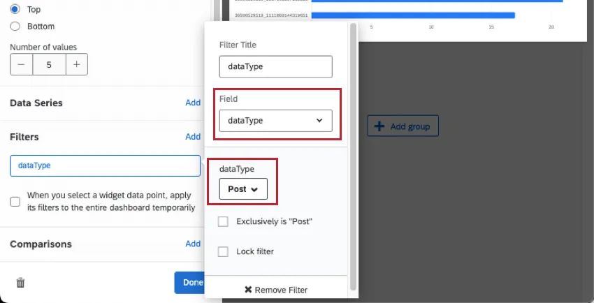 filtro de widget para el tipo de datos establecido en Publicar