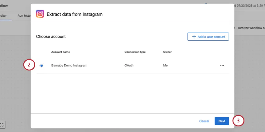 window where you connect a Meta account for Instagram