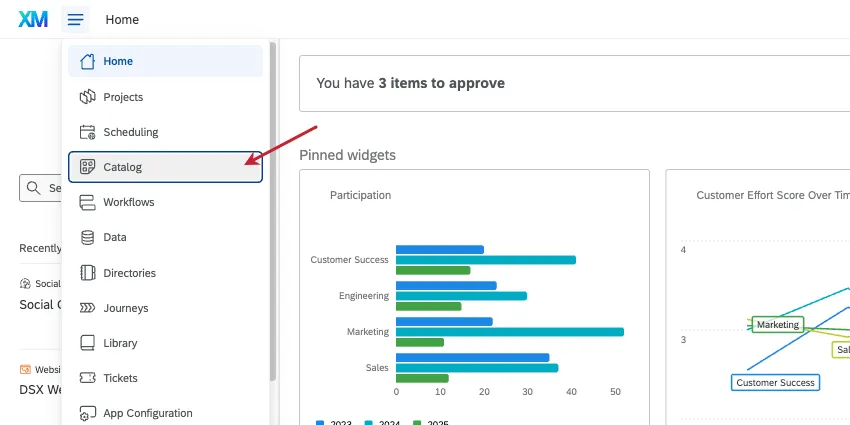 cliquer sur le menu hamburger en haut de chaque page de Qualtrics et sélectionner catalogue