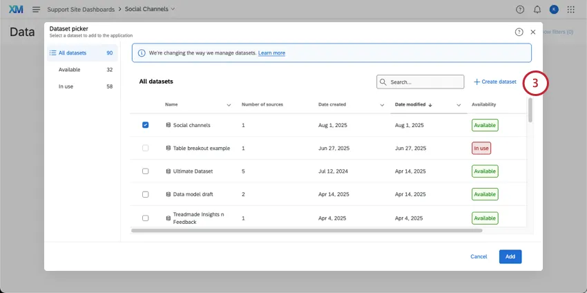 embedded window where you create and add datasets to dashboards