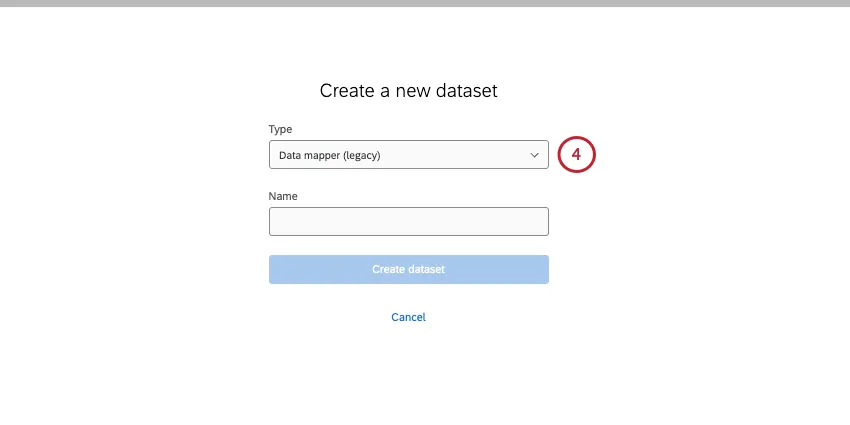 bildschirm, auf dem Sie den Typ und den Namen des Datensatzes auswählen