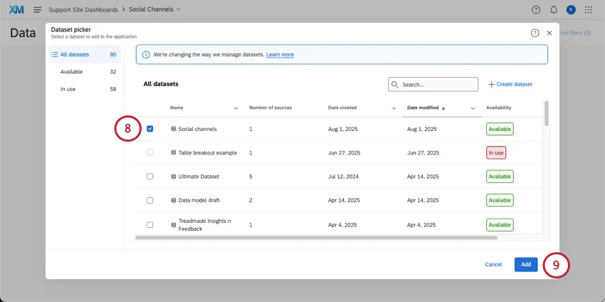 finestra incorporata in cui si creano e aggiungono set di dati ai dashboard, ma con un nuovo set di dati selezionato