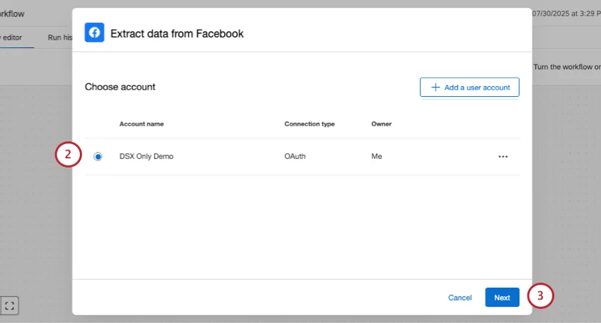 finestra in cui si aggiungono gli account di Facebook al flusso di lavoro
