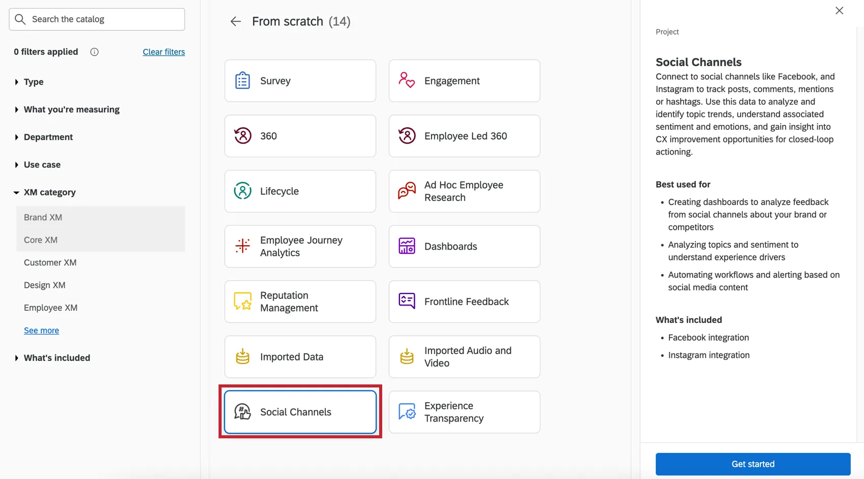 Selecting "Social Channels" from the projects list