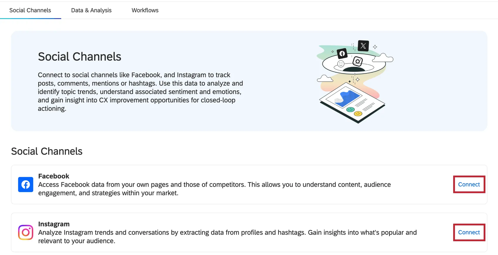 Klicken Sie auf Verbinden weiter zu Instagram oder Facebook
