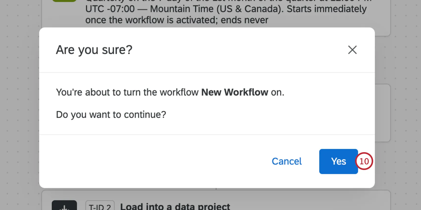 clicking "yes" to turn the workflow on