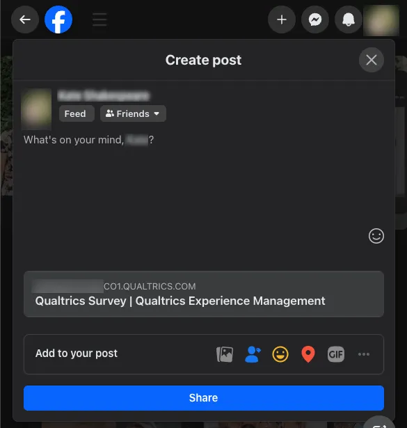 Una ventana donde puedes personalizar tu publicación de Facebook, completa con una vista previa de la encuesta de Qualtrics que estás vinculando