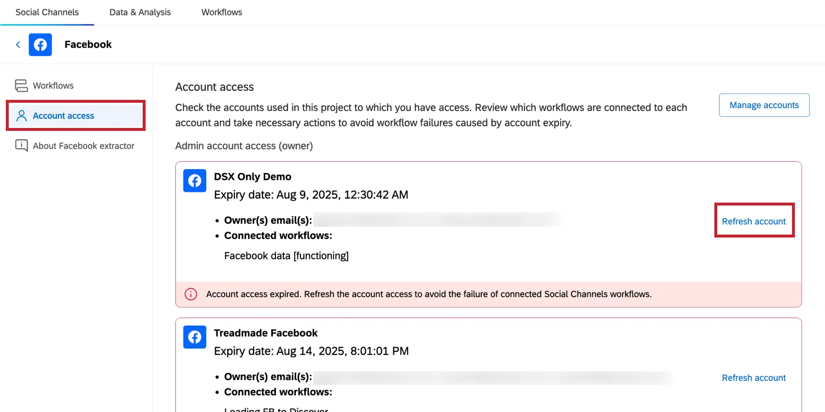 clicking "refresh account" for a social account