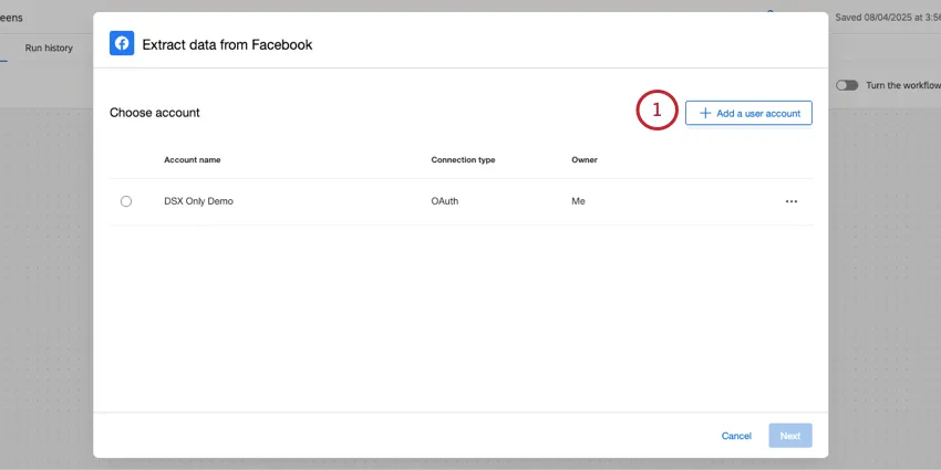 fenster, in dem Sie ein Benutzerkonto bei Facebook mit Workflows verbinden