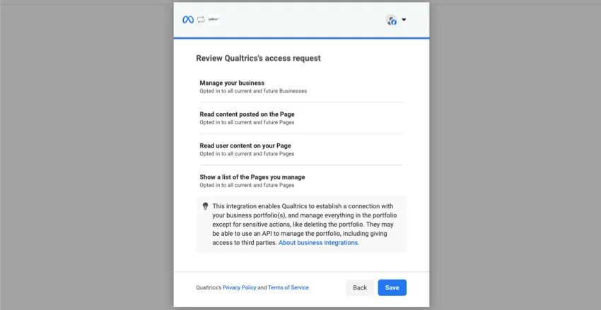 nuova pagina del browser in cui è aperto Facebook e si stanno regolando le autorizzazioni per collegare il proprio account