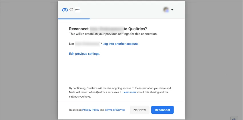 Optionen zum Öffnen und Wiederverbinden von Facebook werden angezeigt