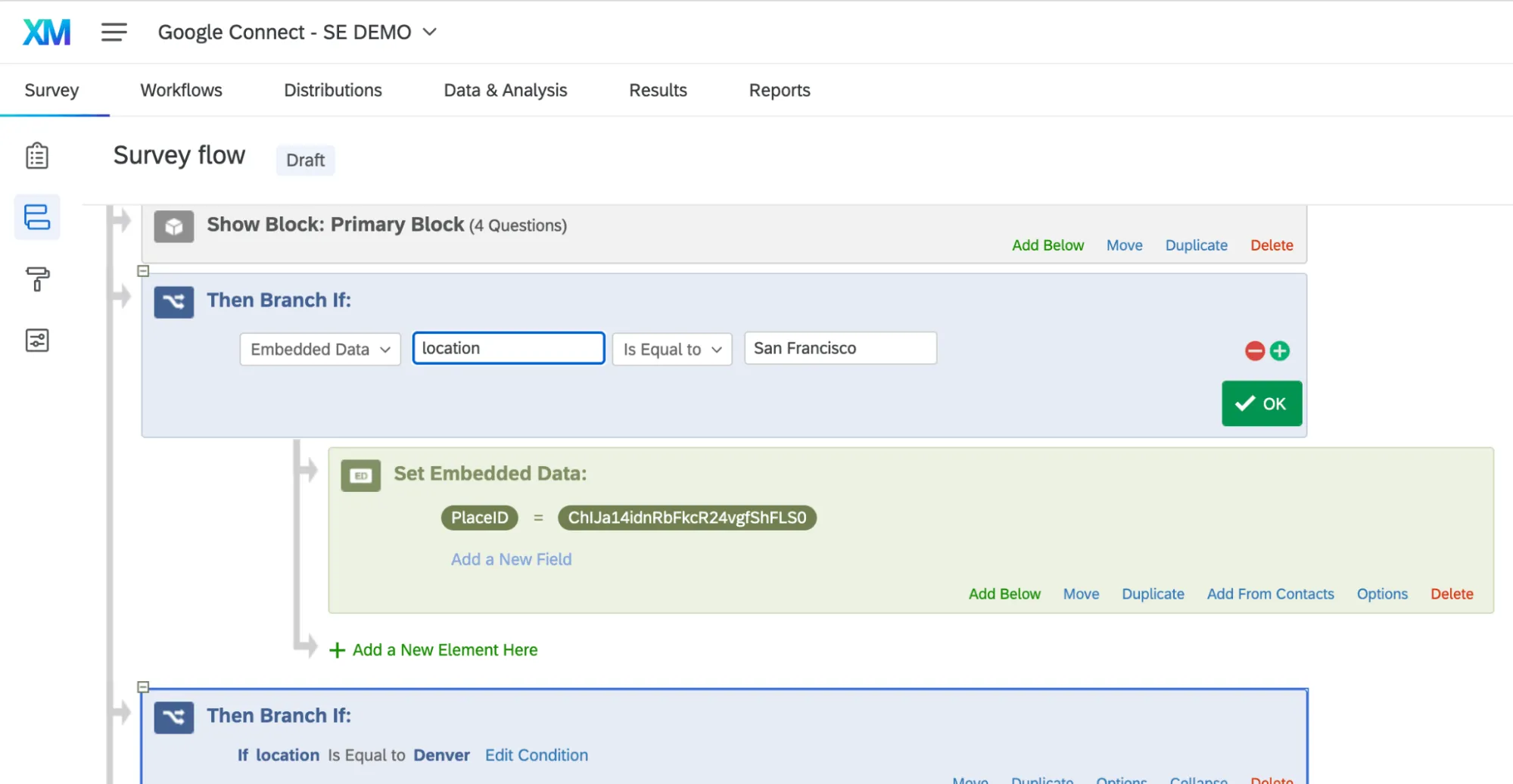 Image où la logique dorganisation indique que les données intégrées nommées location sont égales à san francisco, et que le placeID doit donc être défini à une certaine valeur