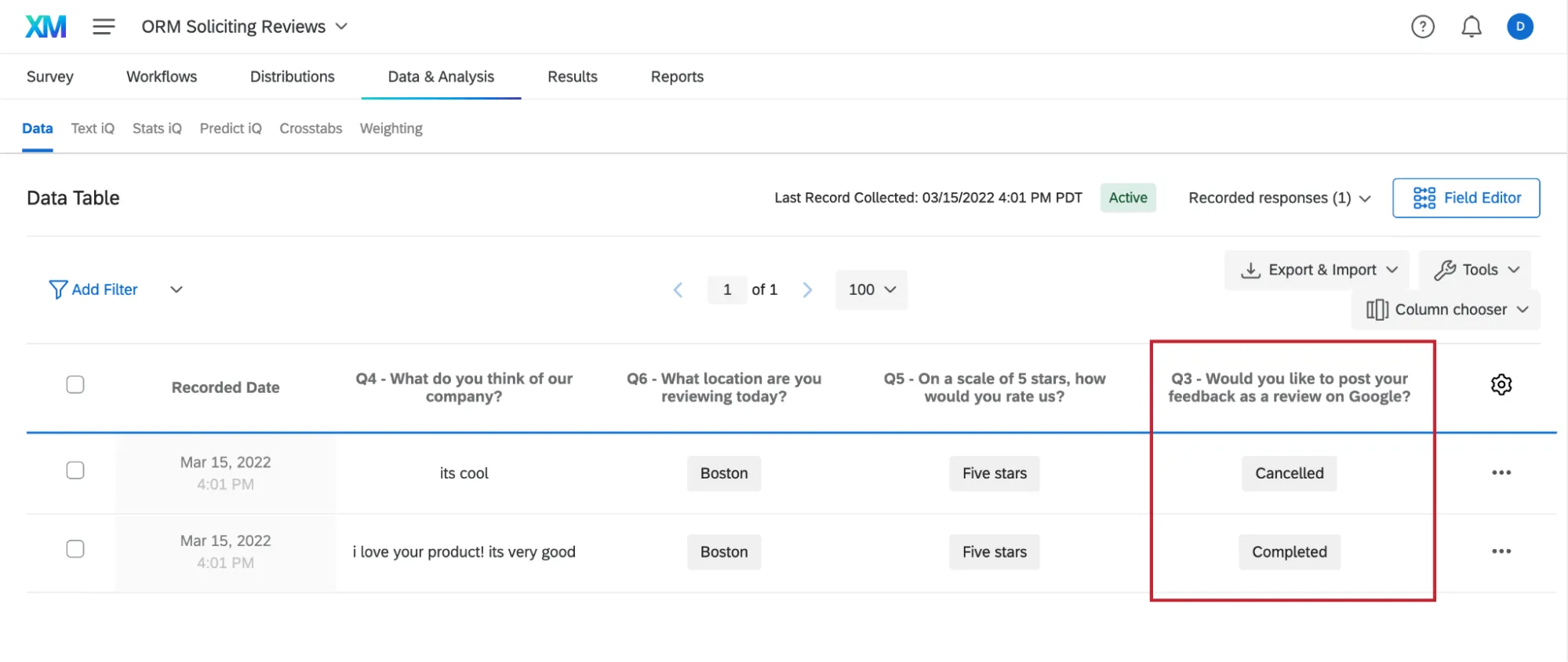 Image of a google review question opened in data & analysis