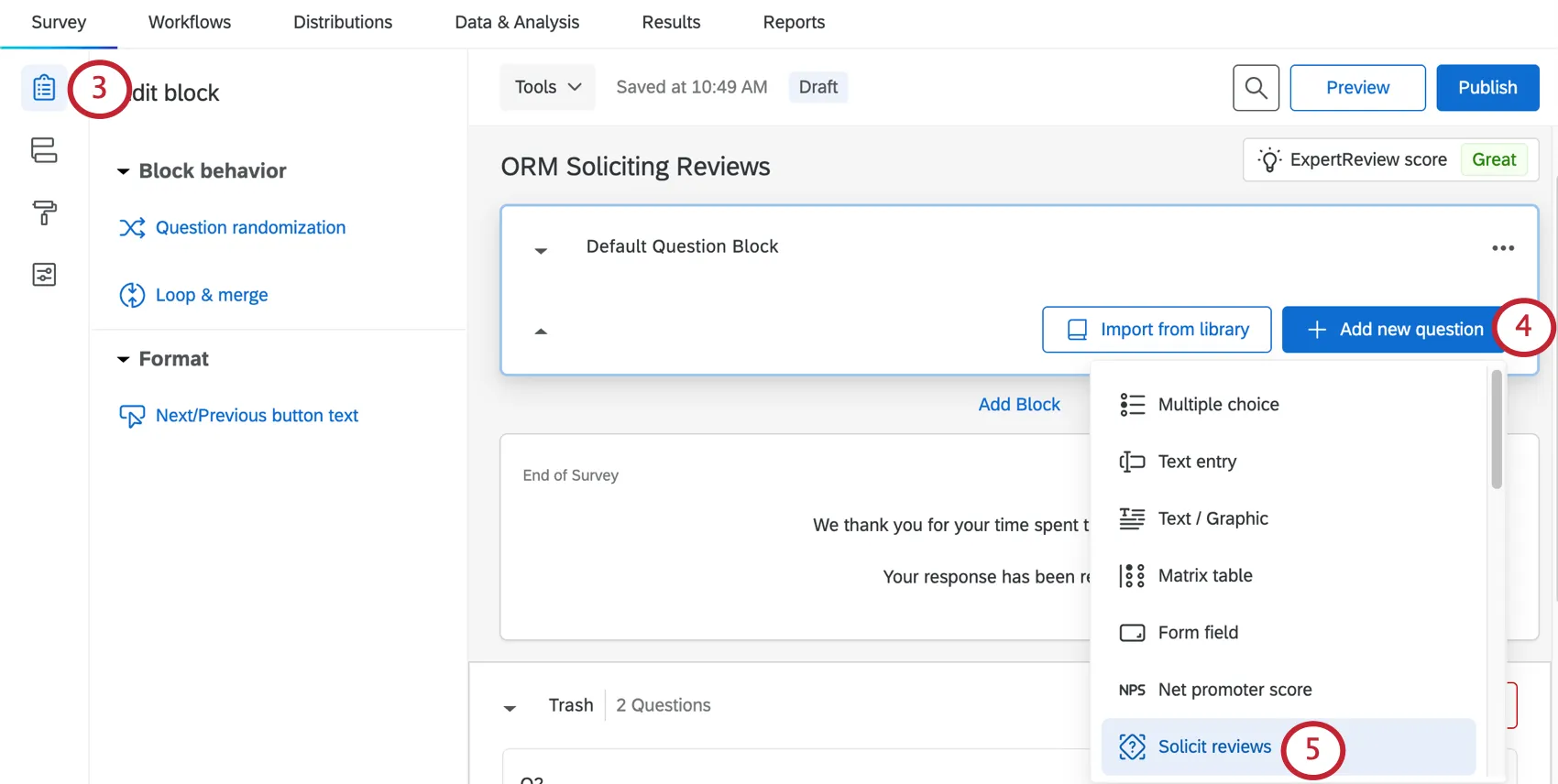 Image of adding a new question in the survey builder