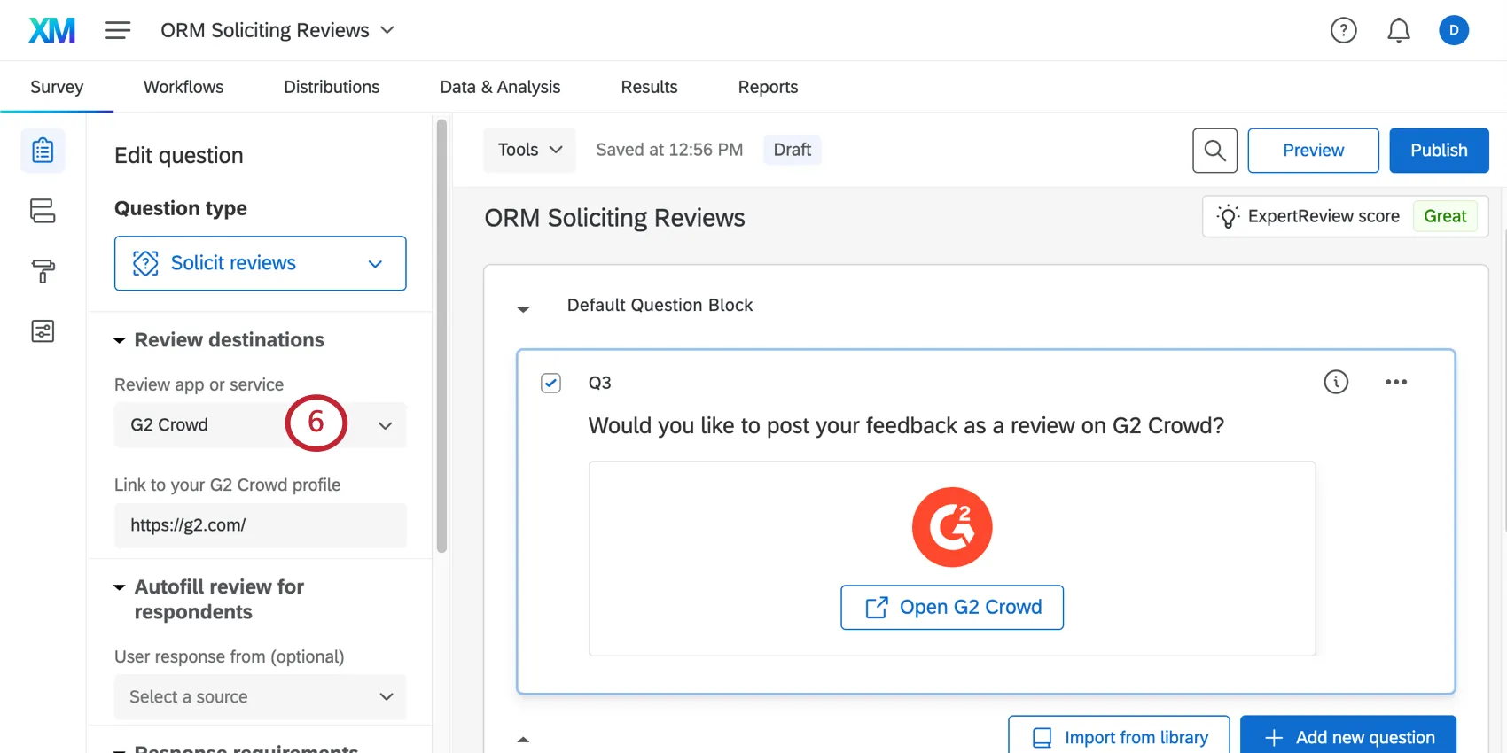 Image that shows editing a solicit reviews question. G2 is selected, resulting in an orange logo and redirect button