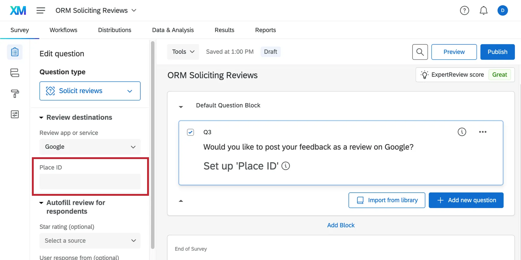 Image of a solicit reviews question with the place id field highlighted