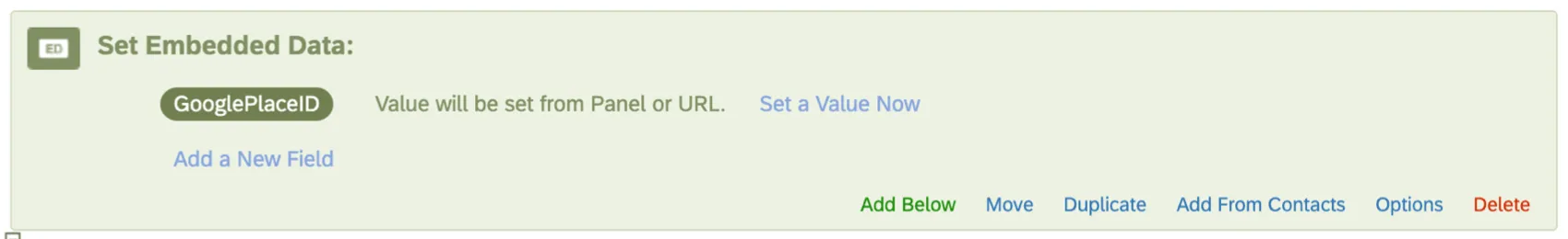 Image of an embedded data element with a field inside called "GooglePlaceID" - it is not set equal to a value