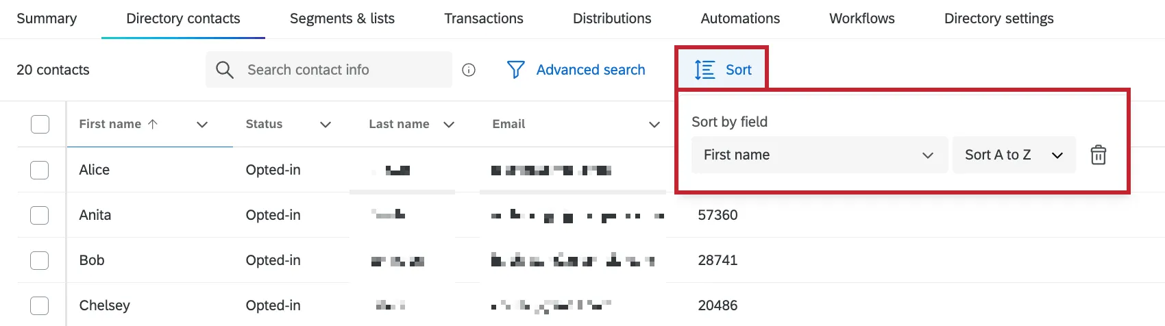 sort button at top of directory, with a field selected to sort contacts