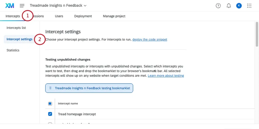 intercept settings page