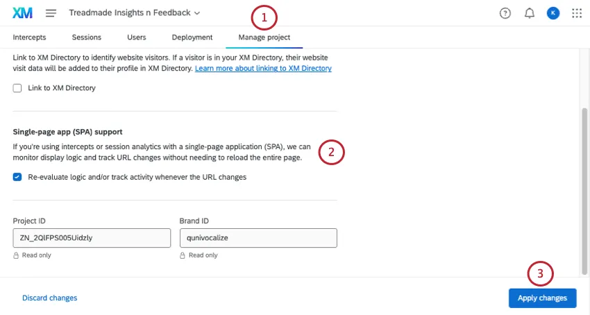 adding single page application from the manage projects tab