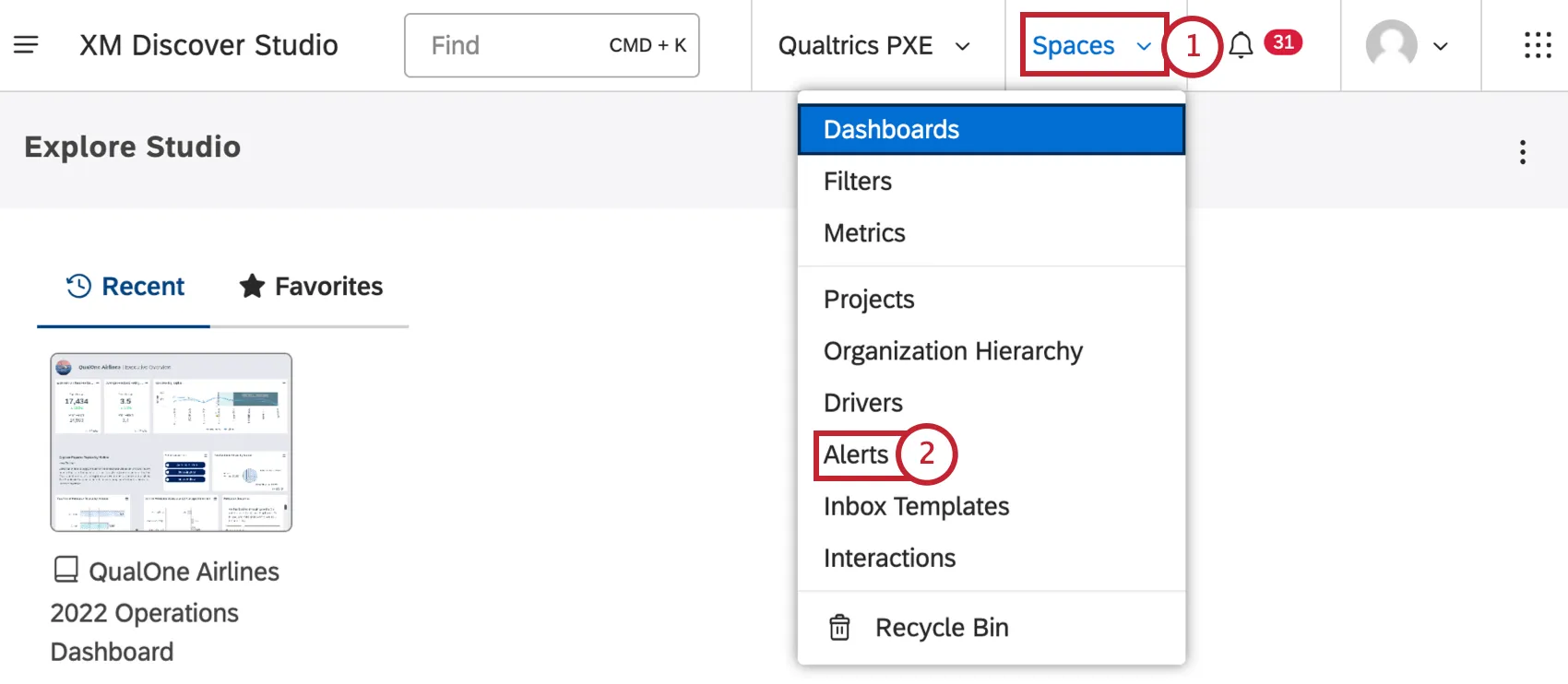 Klicken auf Benutzersymbol in Studio und Navigation zu Alerts