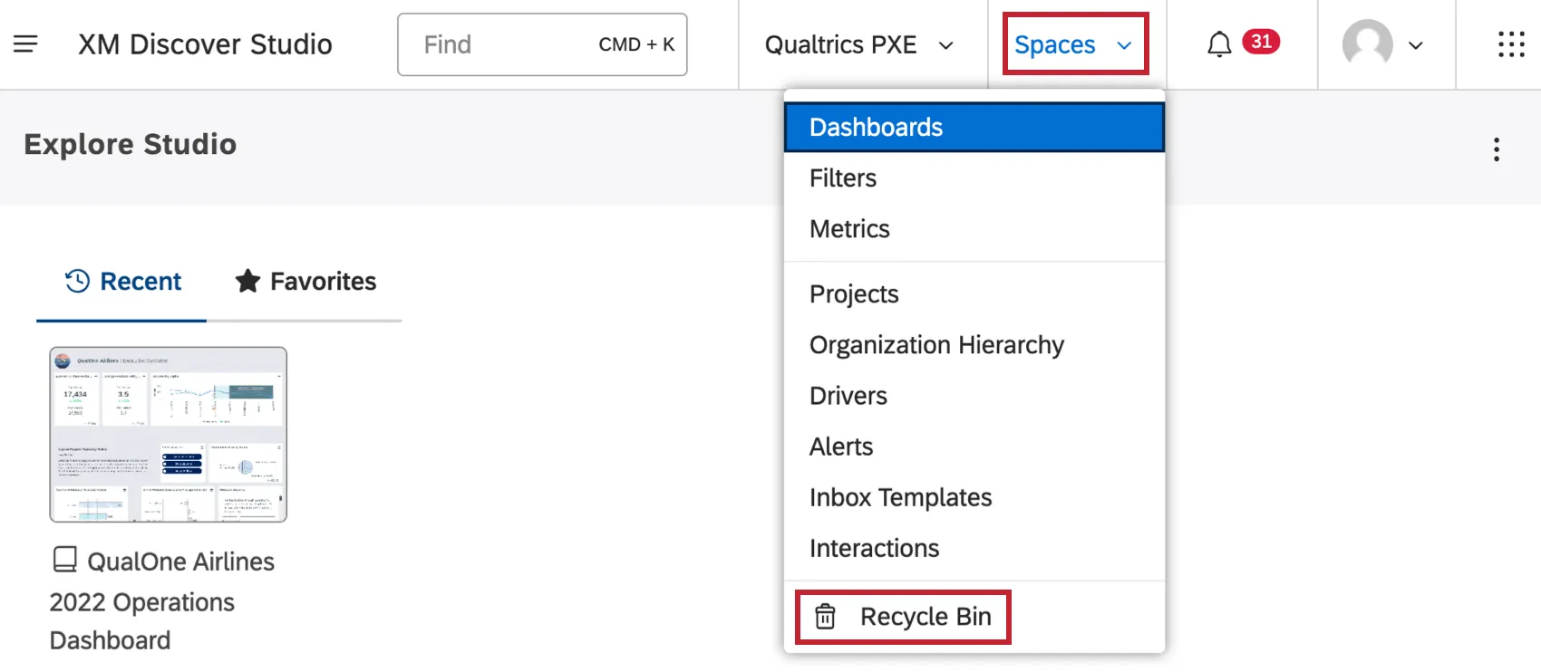 spaces menu clicked and recycle bin highlighted