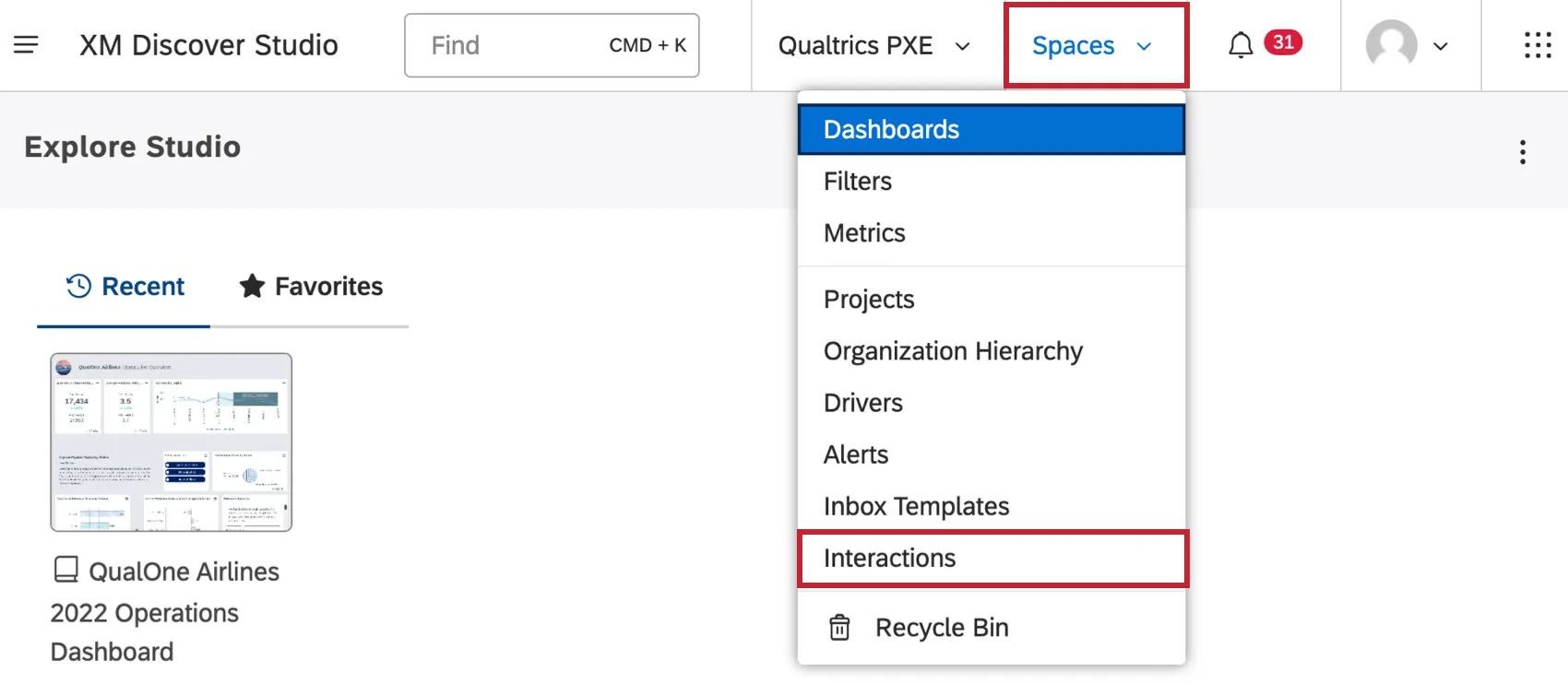 spaces menu expanded, Interactions page highlighted