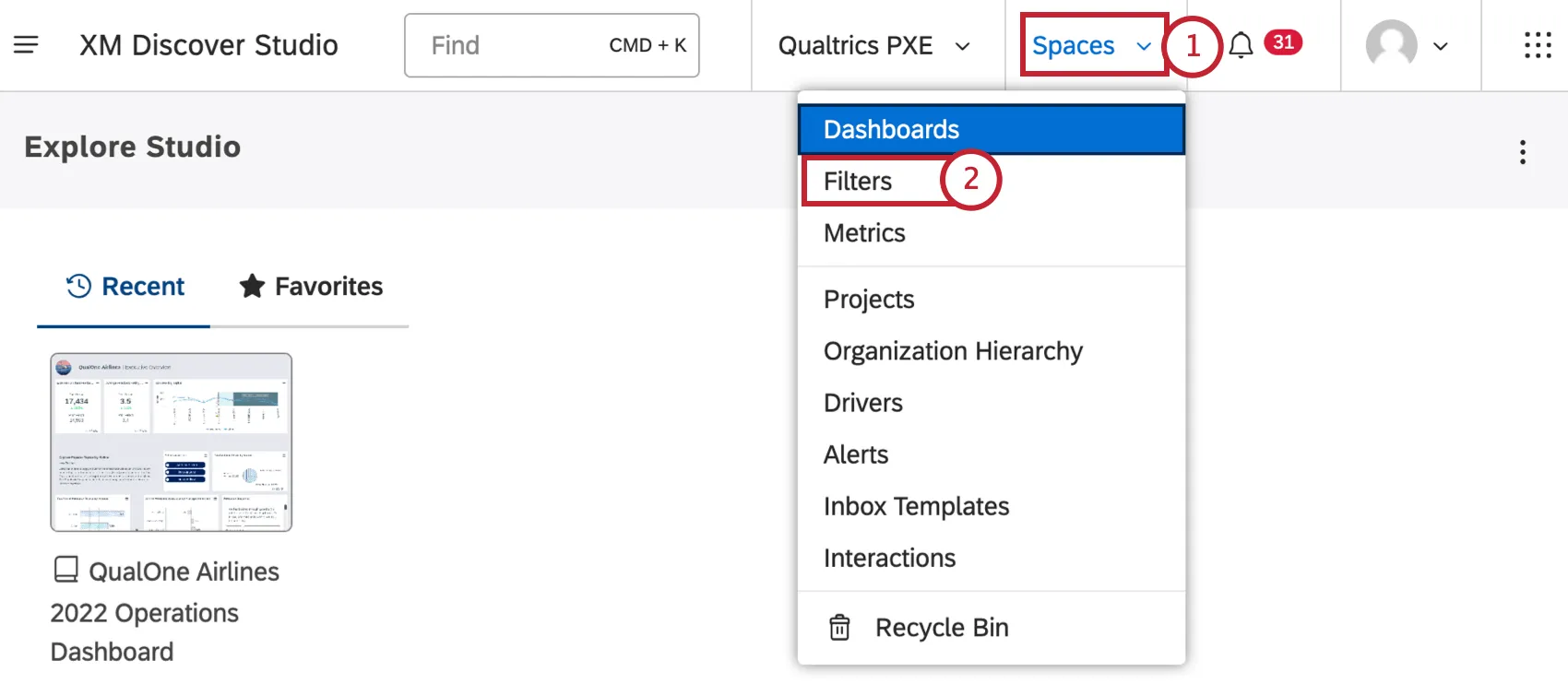 Clique no menu de espaços e selecione Filtros