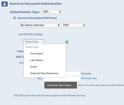 SSO authenticator with the panel field dropped down
