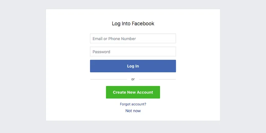 Facebook login screen
