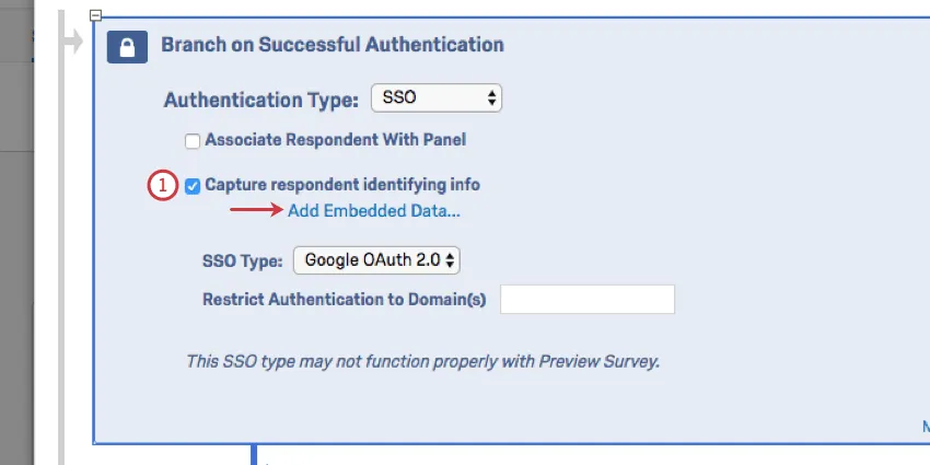 Authenticator with Capture respondent info selected and an Add embedded Data button below