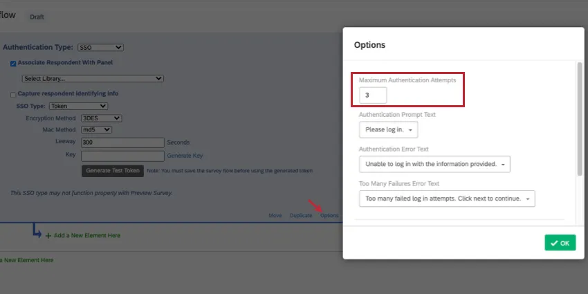 Image of an SSO authenticator, with an arrow pointing to "Options" along the bottom of it, and a new window that opens called "Options," the first one being "Maximum authentication tempts"