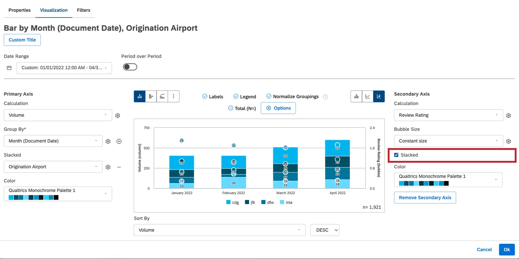 ao editar um widget de barra, há uma opção chamada Stacked (Empilhado) que está ativada