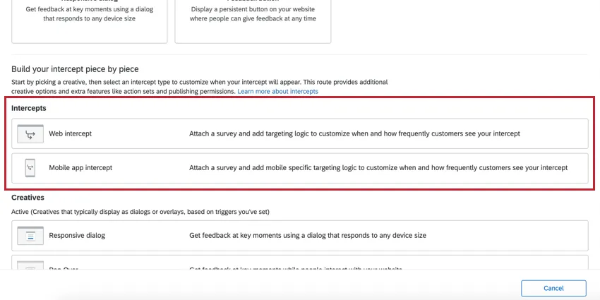 intercepts you can select from represented in the menu as tiles