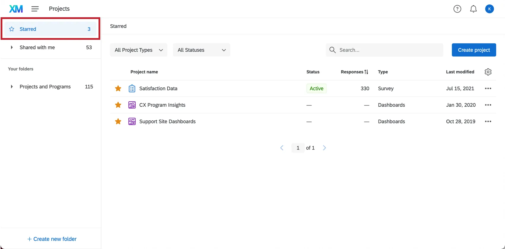 プロジェクトメニューのStarredフォルダ