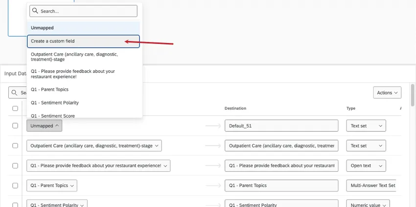 mapeando um campo em branco, e há uma opção além de selecionar uma pergunta pesquisa que diz criar um campo personalizado