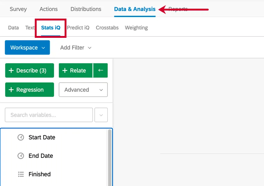 データ分析タブのプロジェクト内左上にある「Stats iQ」の次へ。