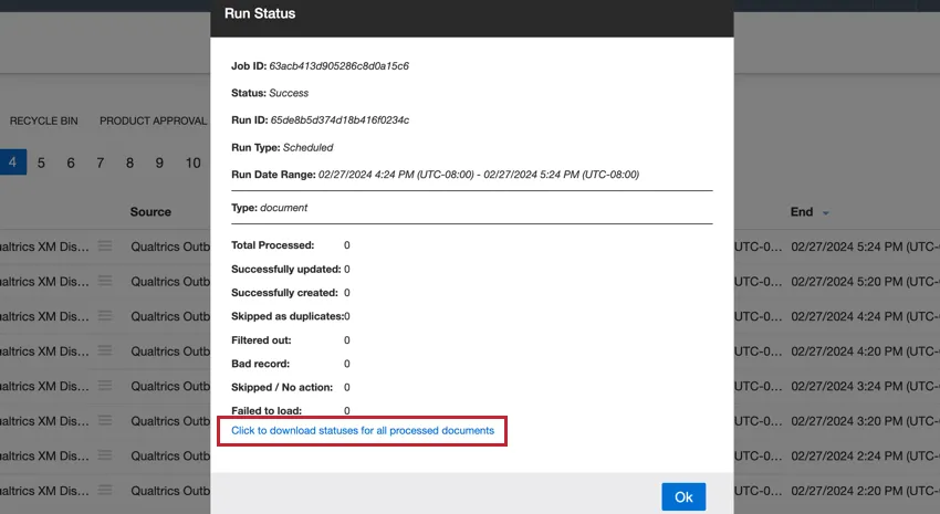 the "click to download" link in the run statistics window