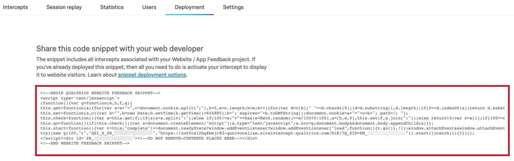 La section Déploiement. Sous les barres de navigation se trouve un grand champ contenant du code Javascript