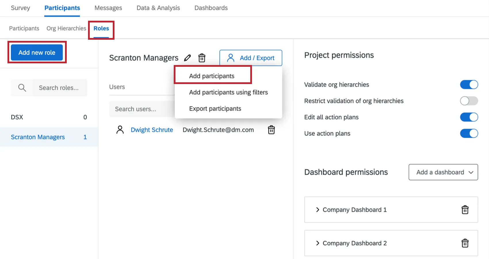 Roles section of Participants tab with Create Role and Add Participants buttons indicated