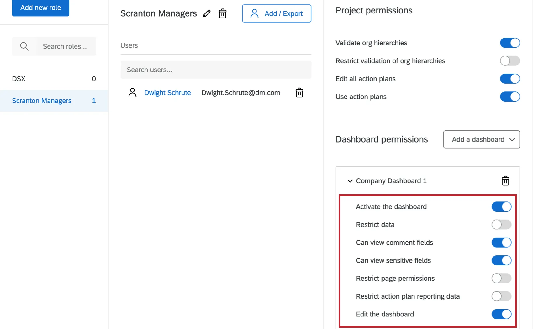 Role creation menu on the right with Permissions listed